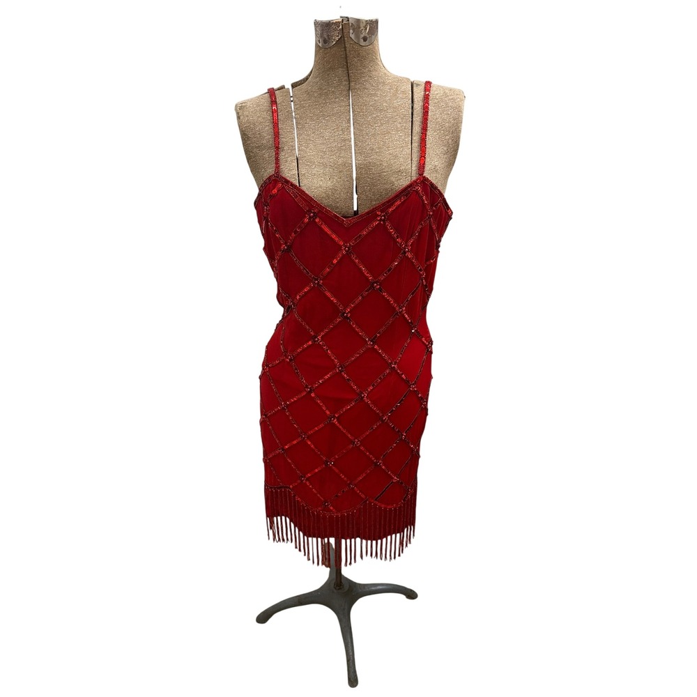 Y2K Scala Mini Dress Red Beaded Sequin Fringe Glam Women medium Diamond Lattice